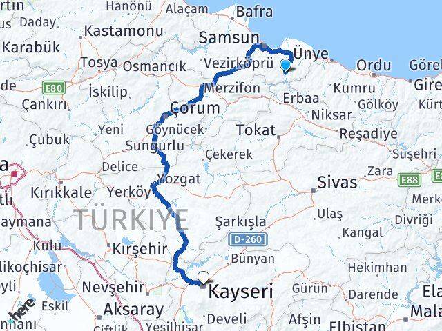 Samsun Ayvacık Kayseri Arası Kaç Km - Yol Haritası