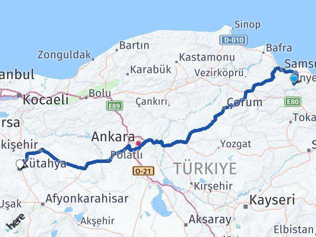 Samsun Ayvacık Kütahya Arası Kaç Km - Yol Haritası
