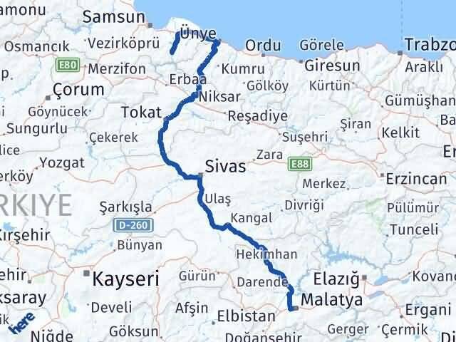 Samsun Ayvacık Malatya Arası Kaç Km - Yol Haritası