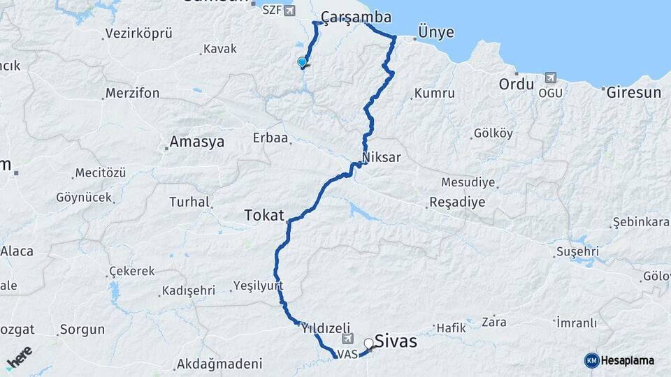 Samsun Ayvacık Sivas Arası Kaç Km - Yol Haritası