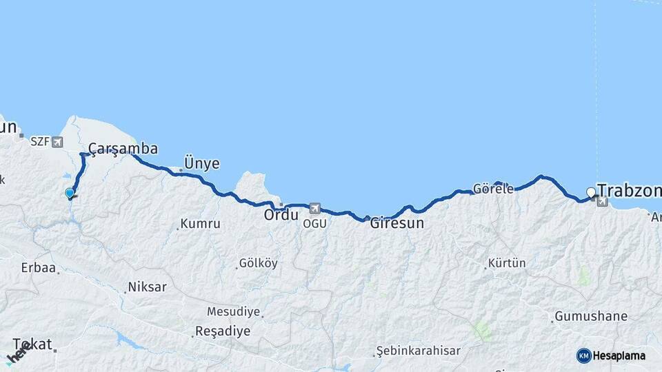 Samsun Ayvacık Trabzon Arası Kaç Km - Yol Haritası