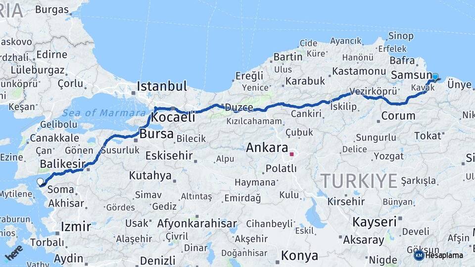 Samsun Ayvalık Balıkesir Arası Kaç Km - Yol Haritası