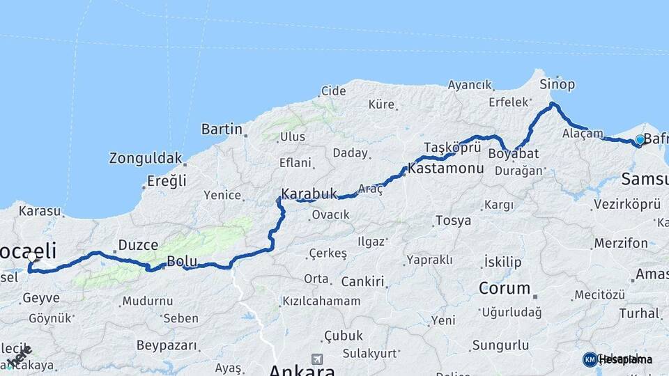 Samsun Bafra Adapazarı Sakarya Arası Kaç Km - Yol Haritası