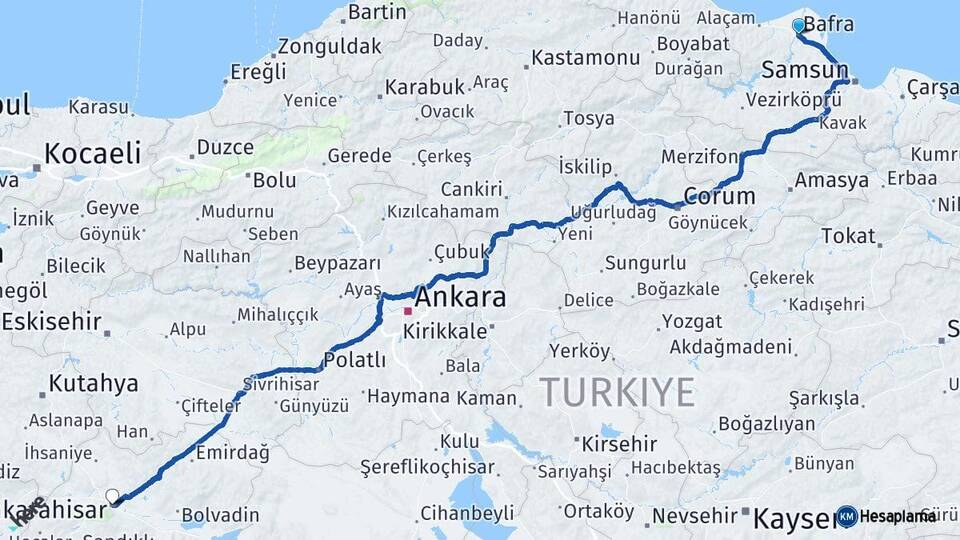 Samsun Bafra Afyonkarahisar Arası Kaç Km - Yol Haritası