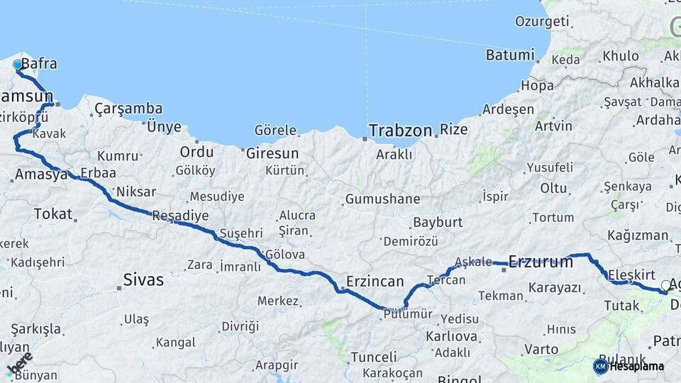 Samsun Bafra Ağrı Arası Kaç Km - Yol Haritası