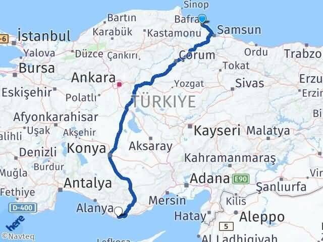 Samsun Bafra Akdeniz Anamur Mersin Arası Kaç Km - Yol Haritası