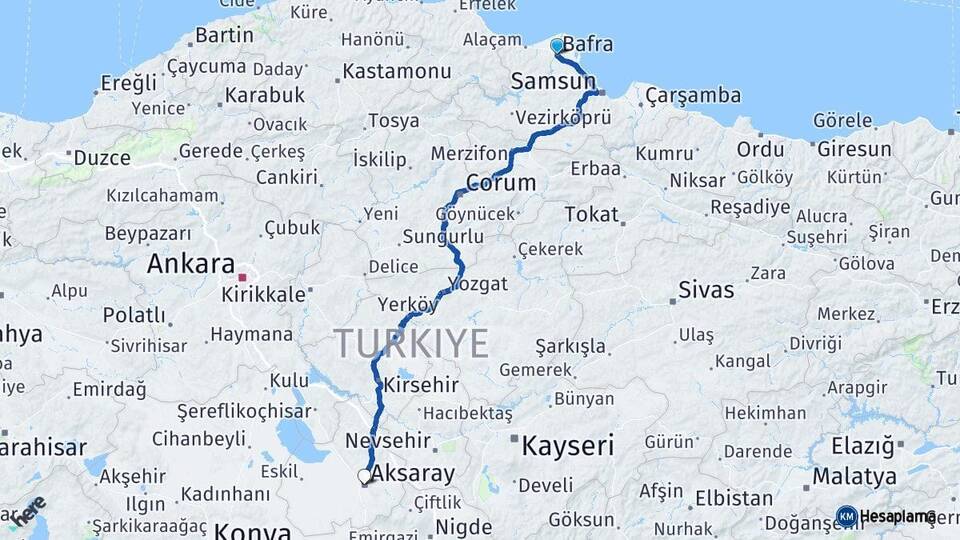Samsun Bafra Aksaray Arası Kaç Km - Yol Haritası