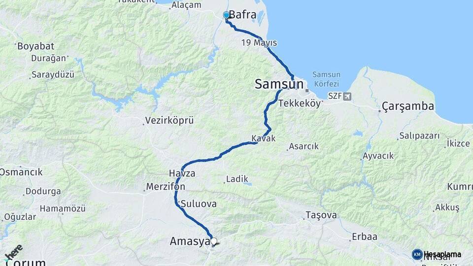 Samsun Bafra Amasya Arası Kaç Km - Yol Haritası