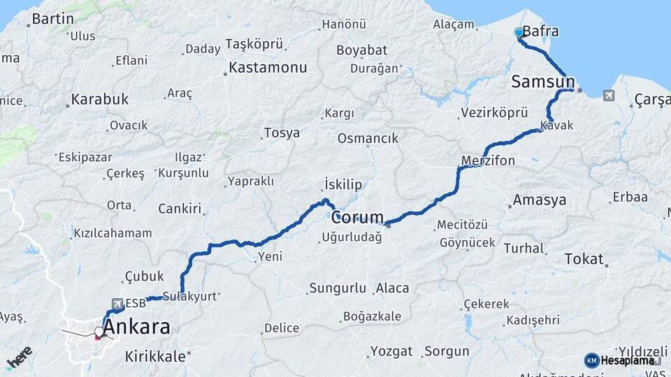 Samsun Bafra Ankara Arası Kaç Km - Yol Haritası