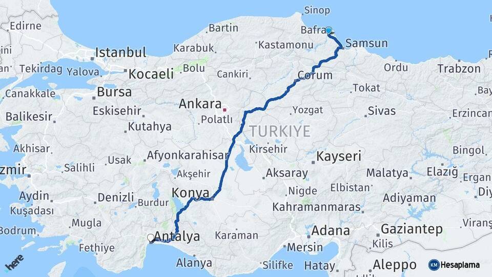 Samsun Bafra Antalya Arası Kaç Km - Yol Haritası