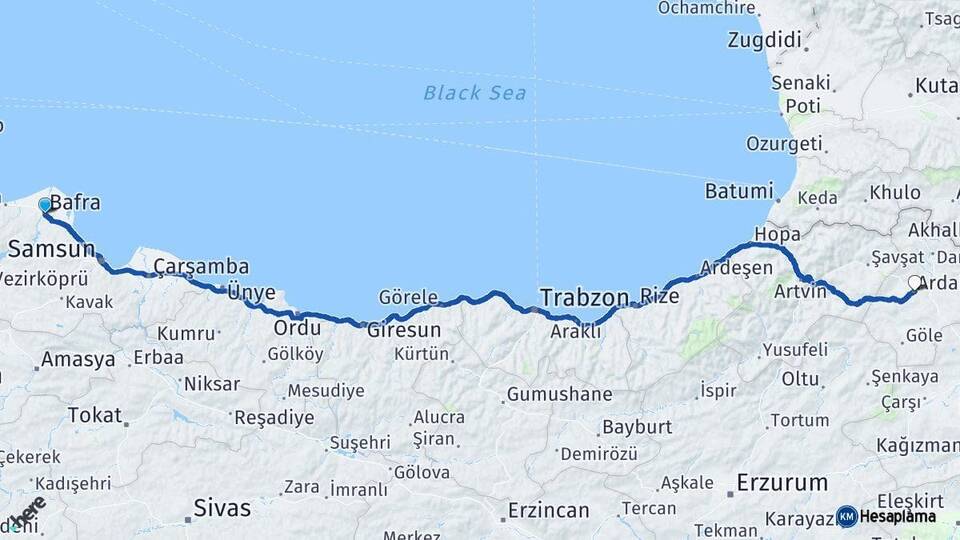 Samsun Bafra Ardahan Arası Kaç Km - Yol Haritası