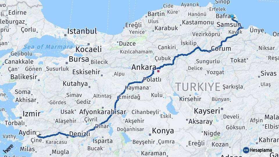 Samsun Bafra Aydın Arası Kaç Km - Yol Haritası