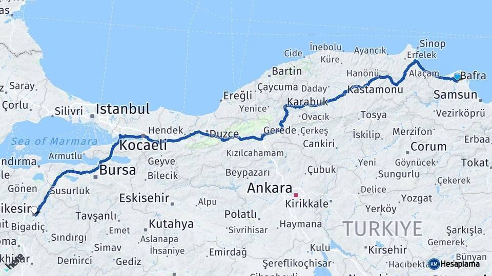 Samsun Bafra Balıkesir Arası Kaç Km - Yol Haritası