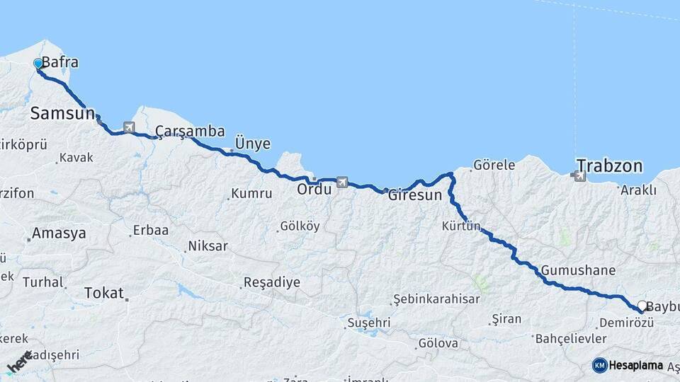Samsun Bafra Bayburt Arası Kaç Km - Yol Haritası