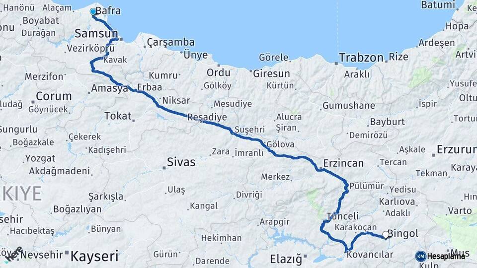 Samsun Bafra Bingöl Arası Kaç Km - Yol Haritası