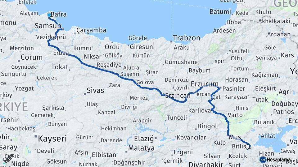 Samsun Bafra Bitlis Arası Kaç Km - Yol Haritası