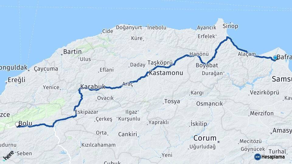 Samsun Bafra Bolu Arası Kaç Km - Yol Haritası