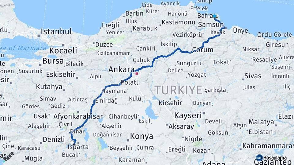 Samsun Bafra Burdur Arası Kaç Km - Yol Haritası