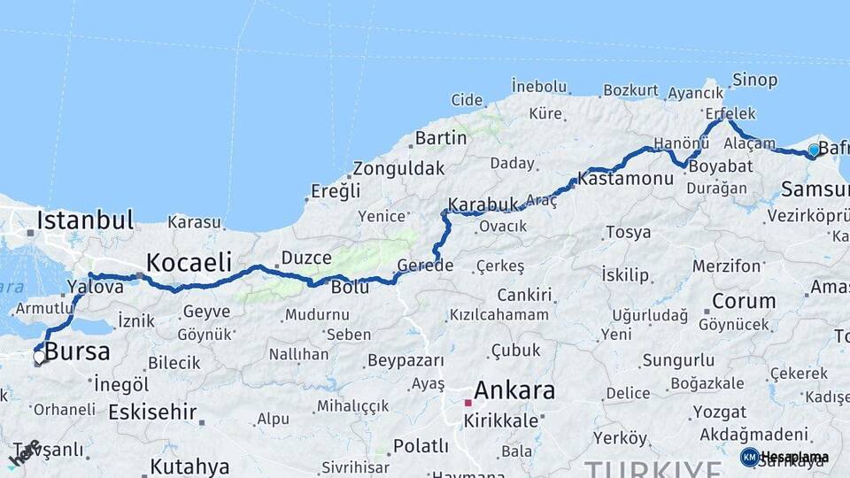 Samsun Bafra Bursa Arası Kaç Km - Yol Haritası