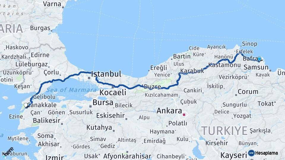 Samsun Bafra Çanakkale Arası Kaç Km - Yol Haritası