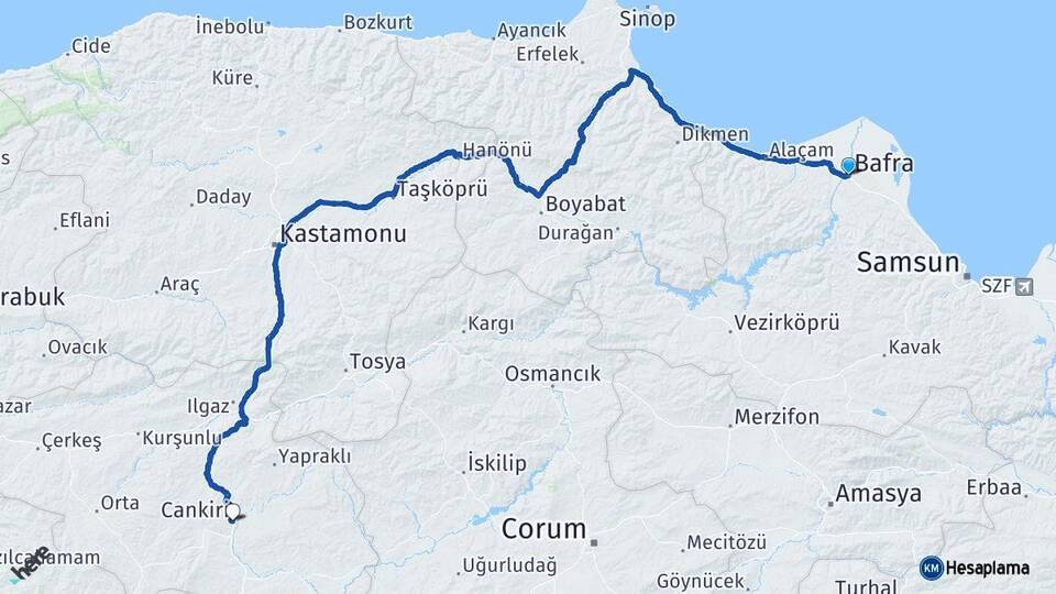 Samsun Bafra Çankırı Arası Kaç Km - Yol Haritası