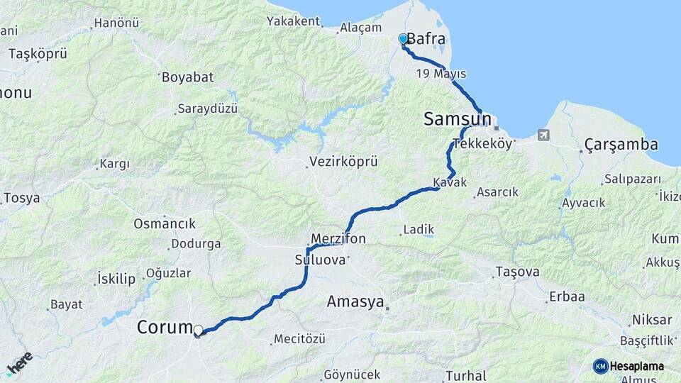 Samsun Bafra Çorum Arası Kaç Km - Yol Haritası