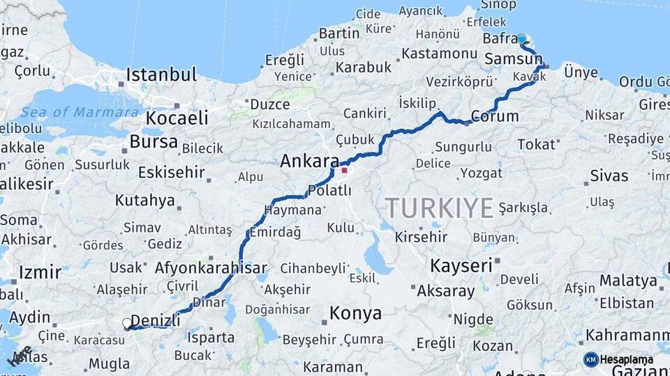 Samsun Bafra Denizli Arası Kaç Km - Yol Haritası