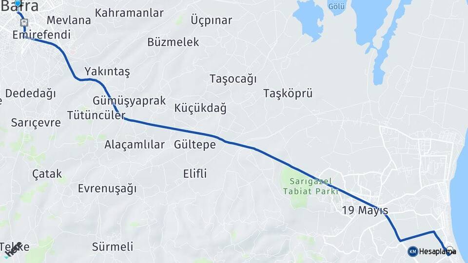 Samsun Bafra Dereköy 19 Mayıs Arası Kaç Km - Yol Haritası