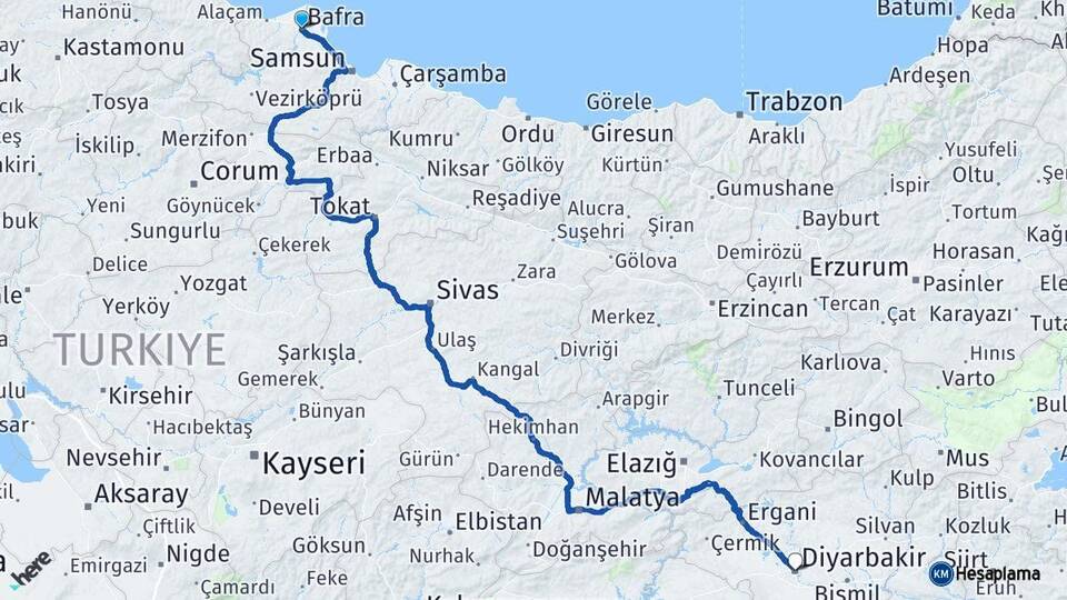 Samsun Bafra Diyarbakır Arası Kaç Km - Yol Haritası