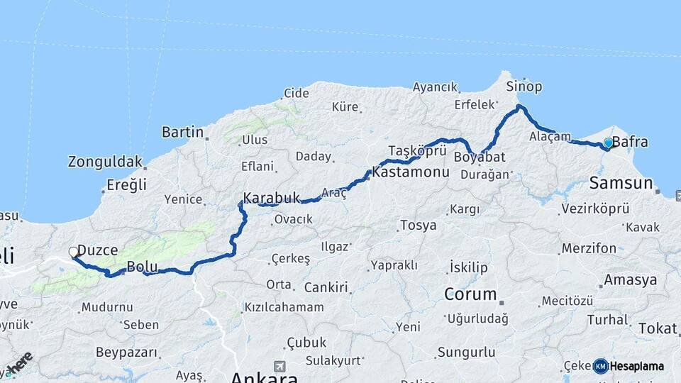 Samsun Bafra Düzce Arası Kaç Km - Yol Haritası
