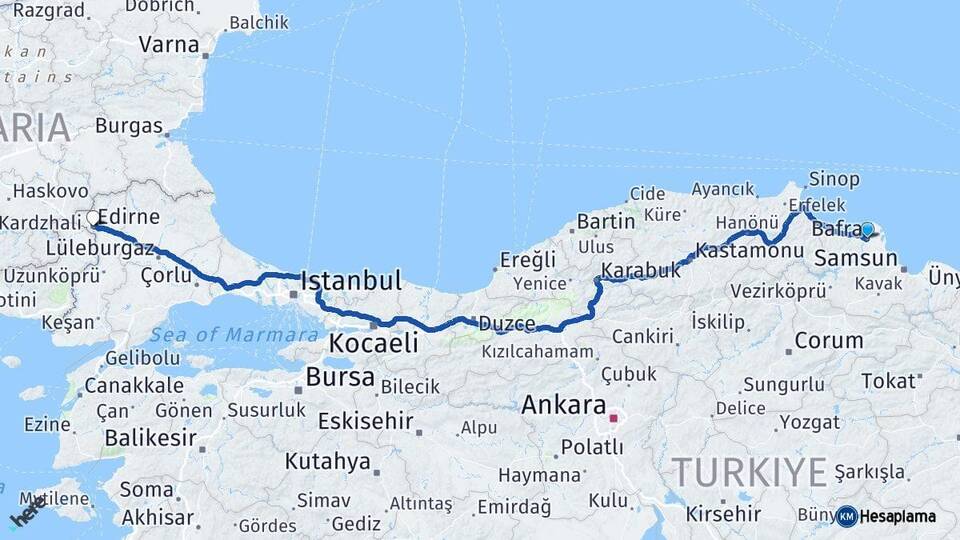 Samsun Bafra Edirne Arası Kaç Km - Yol Haritası