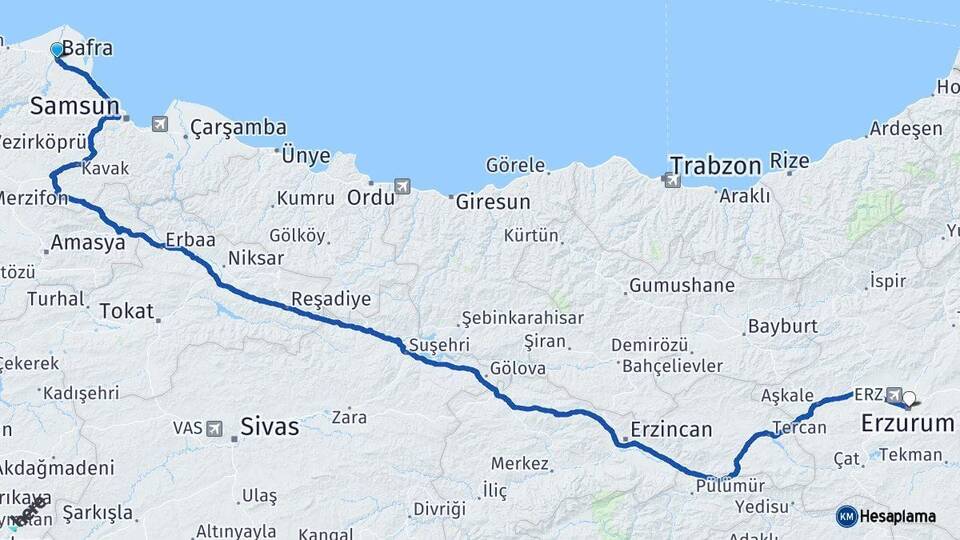 Samsun Bafra Erzurum Arası Kaç Km - Yol Haritası