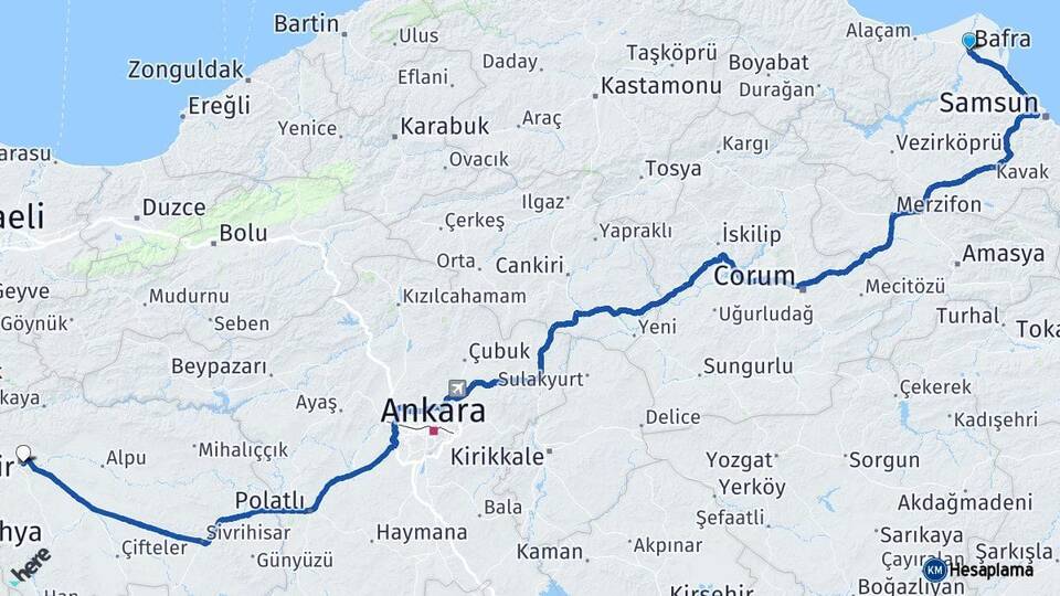 Samsun Bafra Eskişehir Arası Kaç Km - Yol Haritası