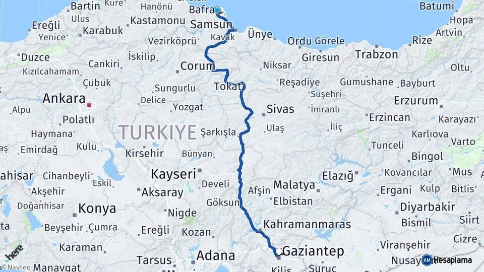 Samsun Bafra Gaziantep Arası Kaç Km - Yol Haritası