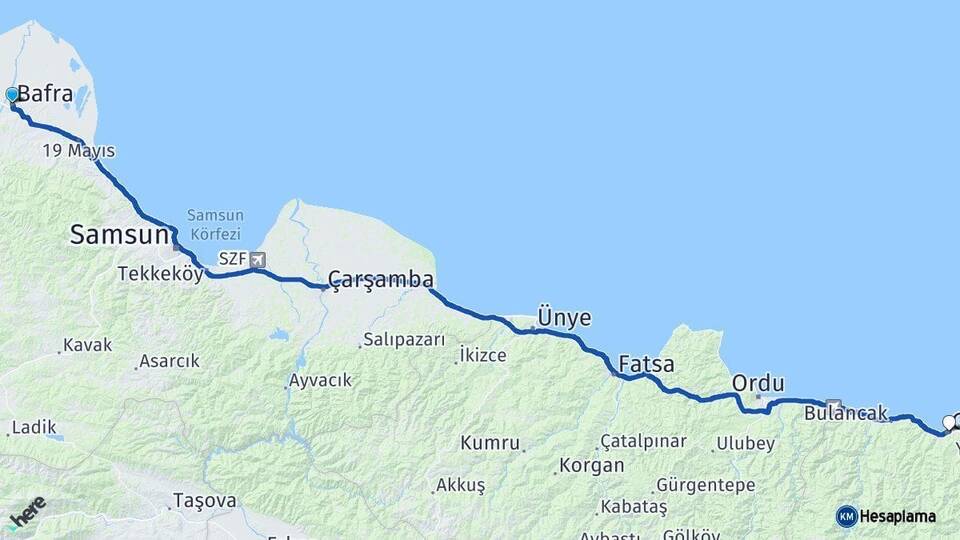 Samsun Bafra Giresun Arası Kaç Km - Yol Haritası