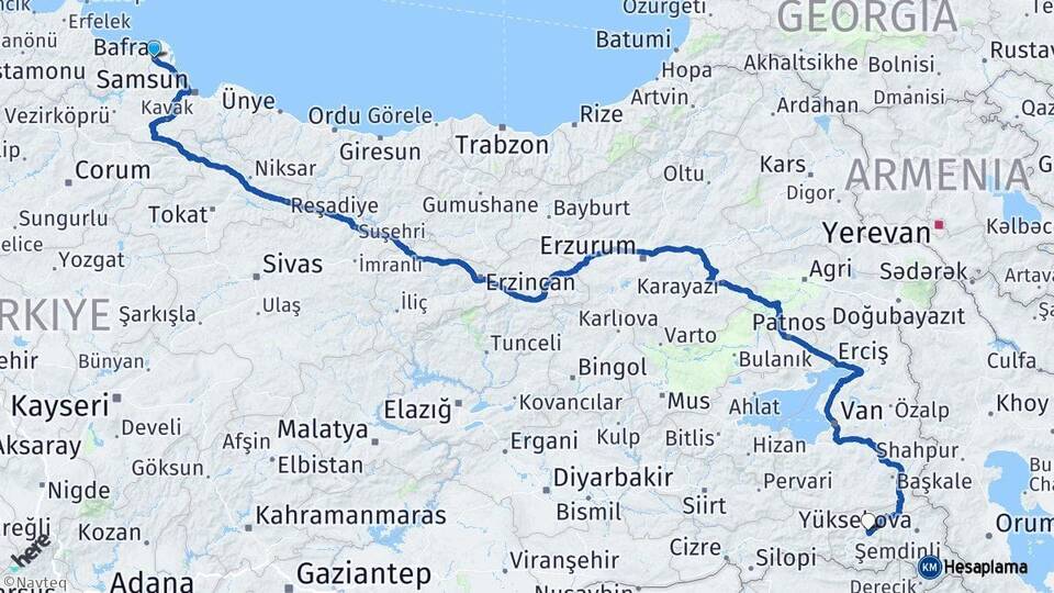 Samsun Bafra Hakkari Arası Kaç Km - Yol Haritası