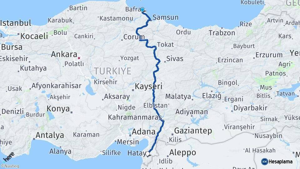 Samsun Bafra Hatay Arası Kaç Km - Yol Haritası