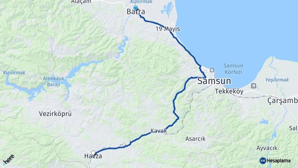 Samsun Bafra Havza Arası Kaç Km - Yol Haritası