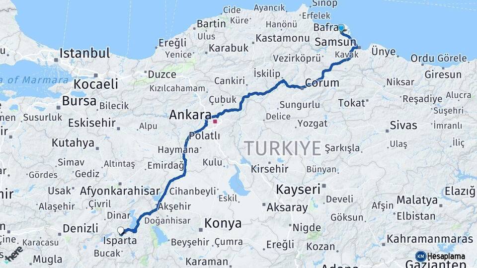 Samsun Bafra Isparta Arası Kaç Km - Yol Haritası