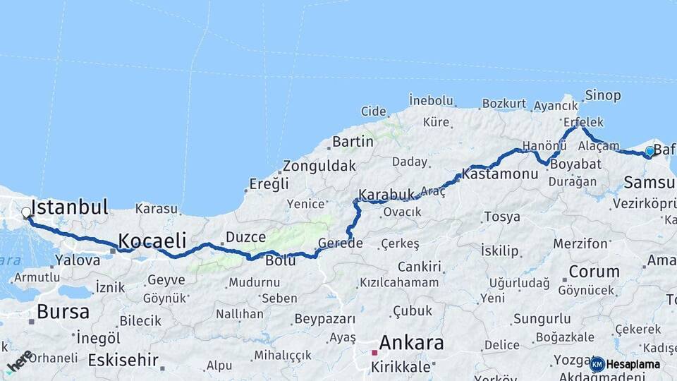 Samsun Bafra İstanbul Arası Kaç Km - Yol Haritası