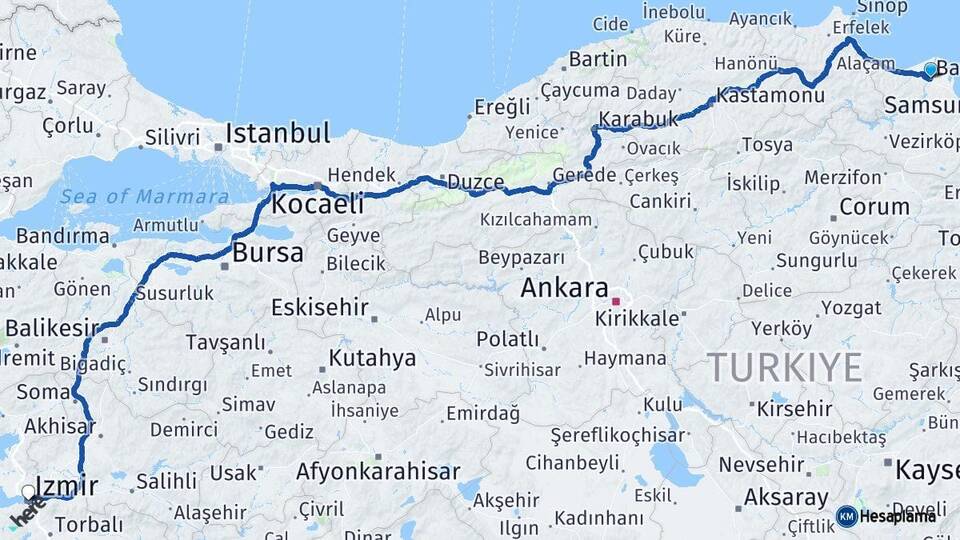 Samsun Bafra İzmir Arası Kaç Km - Yol Haritası