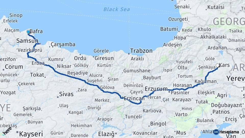 Samsun Bafra Kars Arası Kaç Km - Yol Haritası