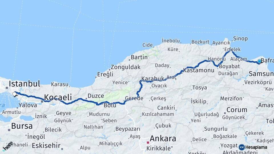 Samsun Bafra Kartal İstanbul Arası Kaç Km - Yol Haritası