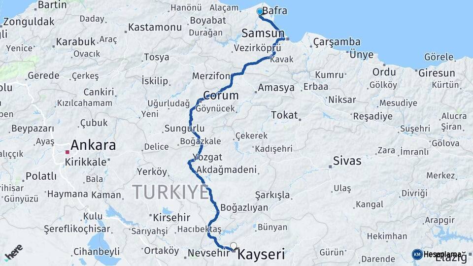 Samsun Bafra Kayseri Arası Kaç Km - Yol Haritası