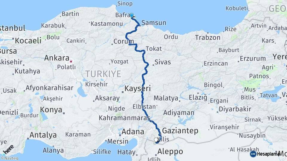 Samsun Bafra Kilis Arası Kaç Km - Yol Haritası