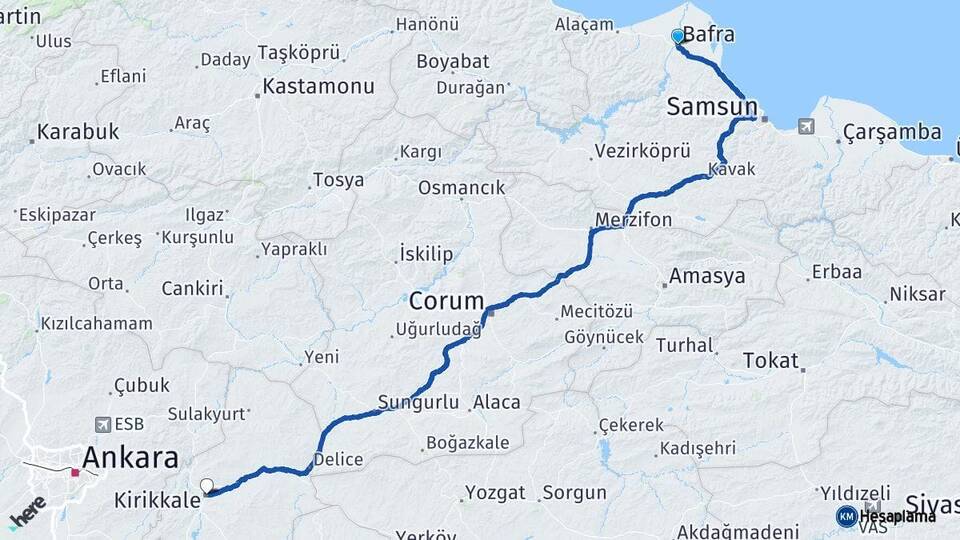 Samsun Bafra Kırıkkale Arası Kaç Km - Yol Haritası