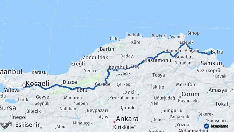 Samsun Bafra Kocaeli Arası Kaç Km - Yol Haritası