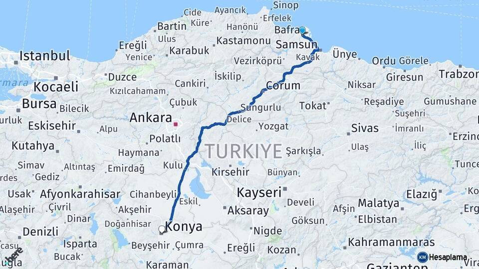Samsun Bafra Konya Arası Kaç Km - Yol Haritası