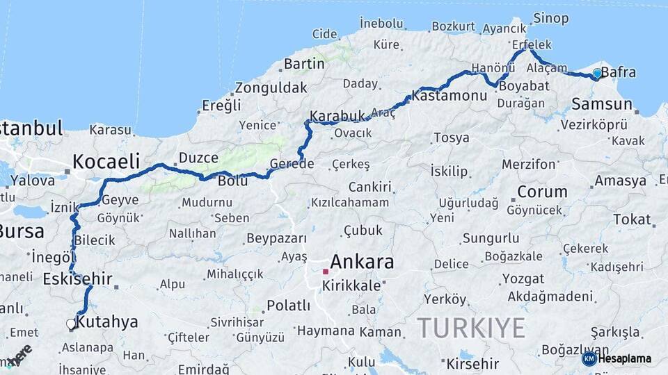 Samsun Bafra Kütahya Arası Kaç Km - Yol Haritası