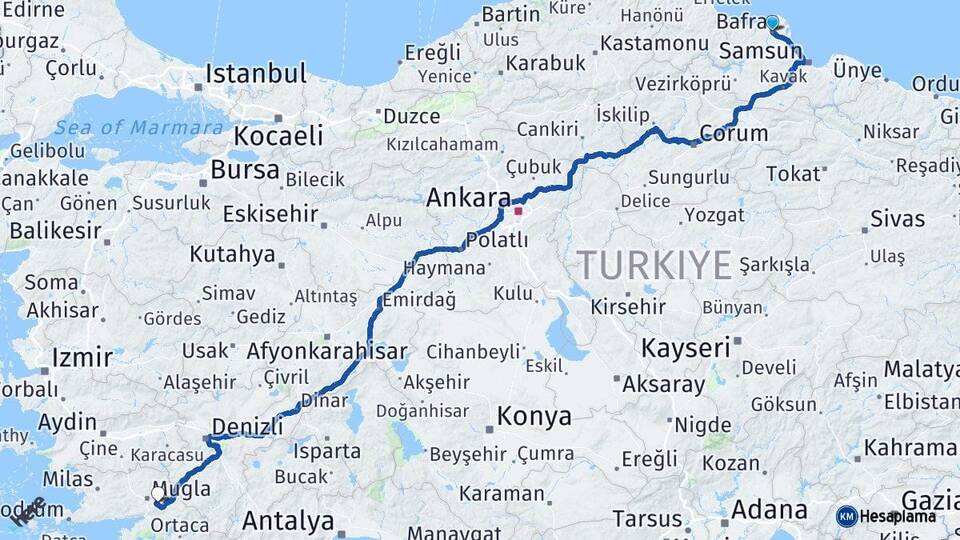 Samsun Bafra Muğla Arası Kaç Km - Yol Haritası